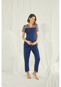 Resim Monamise Kadın Brode Dantelli Önü Düğmeli Hamile Lohusa Pijama Takımı 