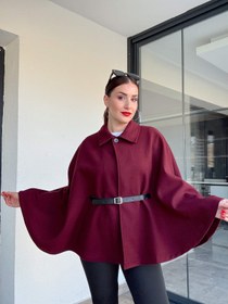 Resim Yakalı kemerli panço bordo - STD 