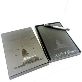 Resim Kişiye Özel Kutulu İstanbul Deri Kapaklı Defter ve Kabartmalı Kalem Seti 