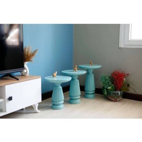 Resim 3'lü Oval Turkuaz Çizgili Yan Sehpa Kahverengi 