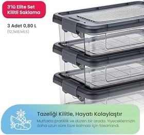 Resim Hobby Life Elite 3’lü Kompakt Saklama Seti (3 x 0.80 L) – Kilitli Kapaklı, Şeffaf Antrasit Kahvaltılık ve Atıştırmalık Kutusu 