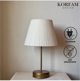 Resim Beyaz Keten Kumaş Başlıklı Metal Gövdeli Abajur Çok Renkli 