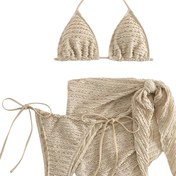 Resim Şık Seksi Kadın Mayo Özel Kumaş Düz Renk Bikini Takımı Artı Etek Üç Parça Plaj Havuzu Tatil 
