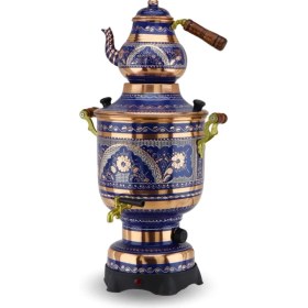 Resim Gül Çiçek Mavi Elektrikli Bakır Semaver 