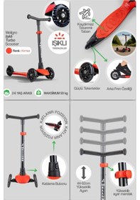 Resim Işıklı Scooter, Ayarlanabilir Yükseklik, Ön Tekerleri Işıklı Çocuk Scooter, Kırmızı Kırmızı 