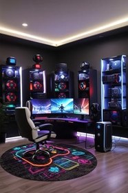 Resim Perk Gamer Halısı Şönil Pamuk Tabanlı Kaymaz Yuvarlak Gaming Oyuncu Odası Halısı 100x100 