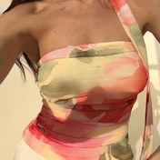Resim Kadınların Zarif Bağcıklı Strapless Üstü - Kolsuz, Sırtı Açık, Polyester, Yaz Modası, Yetişkin Bedeni, Zarif Kıyafet|Bağcıklı Üst|Polyester Kumaş 