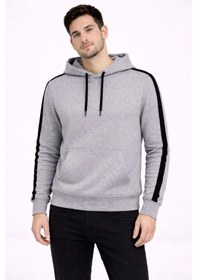 Resim Erkek Şeritli Kapüşonlu Sweatshirt Oversize 3 İplik Pamuklu - Gri 