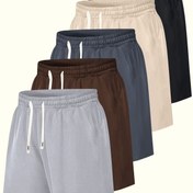 Resim 5 Parça Erkek Slim Fit Spor Şort, Renkli Plaj Pantolonu Retro Basit Düz Desen Cepli Elastik Bel Yazlık Beş Parçalı Set 