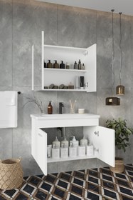 Resim BALNEOM Banyo Defne 80cm %100 Mdf Banyo Dolabı Aynalı Dolaplı Üst Dolap Lavabo 