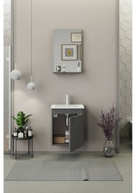 Resim Biani Fix Arya Slım 50 Cm Banyo Dolabı,Seramik Lavabolu, Aynalı,Lavabo Dahil,Mdf,Mat Gri 