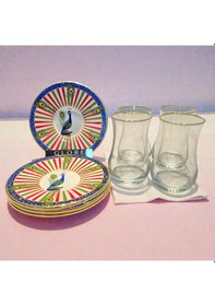 Resim Suded, Home Tavus Kuşu Altın Yaldızlı Çay Bardağı Seti 4 Kişilik Çok renkli 