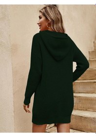 Resim Aqe Fashion Triko Kapüşonlu Uzun Kollu Tunik Koyu Yeşil Elbise Koyu Yeşil 