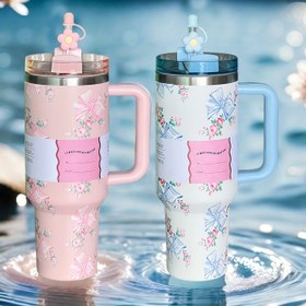 Resim 40oz tutacaklı, çift duvar vakumlu paslanmaz çelik bardak, gelişmiş çok renkli içecek seti taşınabilir termos seyahat bardağı buzlu kahve bardağı, açık hava kampı, yürüyüş ve seyahat için uygun 