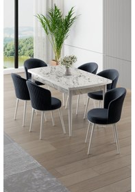 Resim Canisa Asfel Serisi Mdf 77x130 Beyaz Mermer Desen Yandan Açılabilir Mutfak Masa Takımı 6 Antrasit Sandalye Beyaz Mermer Masa Antrasit Sandalye 
