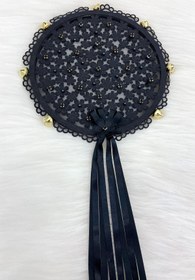 Resim ZEYMERADE Siyah Çiçekli Parlak Taşlı Gelin Tefi, Düğün Kına Söz Sünnet Bekarlığa Veda Bride Zilli 25cm, 1 Adet 