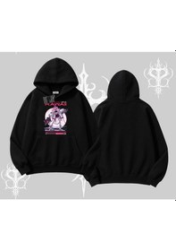 Resim Kapşonlu Sweatshirt Kawaii Cyberpunk Kız Japon Stil Baskı Siyah 