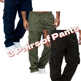 Resim Plus Size 3 Adet/Takım Moda Erkekler Rahat Çok Cepli Gevşek Düz Kargo Pantolonlar Açık Alan Spor Fitness Pantolonları, Büyük Beden 