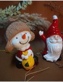 Resim btmhome Dekoratif Noel Baba ve Kardan Adamlı Biblo Seti Büyük Boy Çok Renkli 9 x 13 