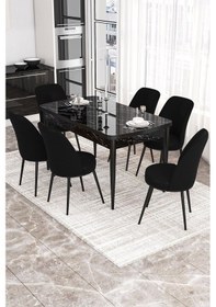 Resim Canisa Kor Serisi, Siyah Mermer Desen 70x114 Açılabilir Yemek Masası Takımı, 6 Sandalye Masa Siyah Mermer Desen Sandalye Siyah 