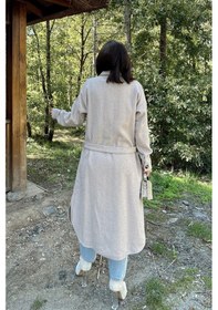 Resim Kadın Taş Rengi Uzun Kol, Çift Cepli, Eteği Oval Kesim, Kemerli, Kaşe Gömlek Kaban Taş 