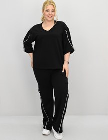 Resim Kadın Büyük Beden Kısa Kollu V Yaka Ara Biye Detaylı Eşofman Takımı 8181-25 - XL / Saks Mavi 