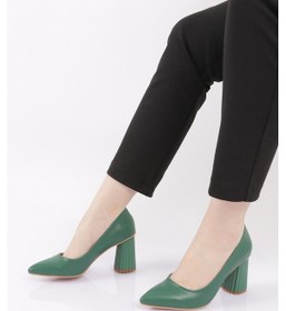 Resim Dgn 660-22y Kadın Sivri Burun Parmak Dekolteli Galvaniz Ökçe Topuklu Ayakkabı 660-1918-R1938 Yeşil 