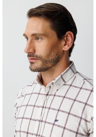 Resim Ekru Dynamic Fit Düğmeli Yaka Ekose Uzun Kollu Pamuklu Gömlek-20016 Kahverengi 