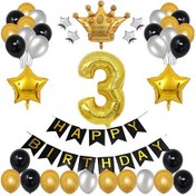 Resim Büyük Boy Kral Taçlı Gold-Gümüş-Siyah 3 Yaş Doğum Günü Seti 