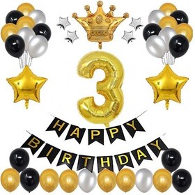 Resim Büyük Boy Kral Taçlı Gold-Gümüş-Siyah 3 Yaş Doğum Günü Seti 