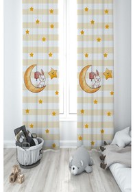 Resim Mekta Home Bebek Ve Çocuk Odası Ay Üzerinde Oturan Tavşan Ve Yıldız Desenli 2 Kanat Fon Perde 