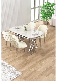 Resim Canisa Zae Serisi 90x168 Lak Panel Beyaz Mermer Desen Krom Ayak Masa Takımı 4 Krem Sandalye Beyaz Mermer Desen Masa,krem Sandalye 