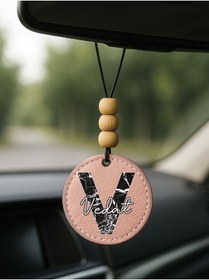 Resim Cekuonline Kişiye Özel İsim Yazılı 1.Sınıf Deri Ahşap Dekorlu Dikiz Aynası Süsü Pudra Pembe - V Harfi 