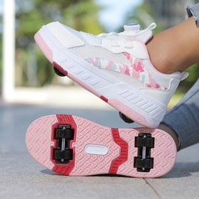 Resim Unisex Gençler için Kaykay Ayakkabıları - Nefes Alabilen File & Düşük Tabanlı Sneakerlar, Çıkarılabilir Tekerlekler, Ayarlanabilir Toka Kayışları, Pembe/Beyaz/Kırmızı Detaylar için Dış Mekan Sporları, Kaykay, Günlük Giyim, Kaykay Ayakkabıları, Kaykay Ayakkabıları, Şık Gençler Ayakkabıları, Rahat EVA Tabanlık 