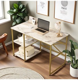 Resim Robin Home Gold Metal Çalışma Masası Raflı 120cm Mermer Desen Mermer 