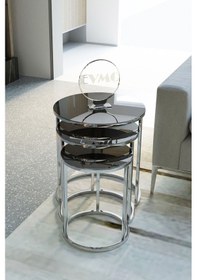 Resim Deepport Alya Dekor 3'lü Zigon Sehpa Takımı Gümüş Ayak Füme Ayna Cam Gümüş 