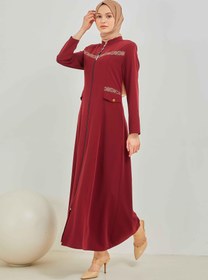Resim Önü Nakışlı Belden Oturtmalı Ferace Bordo | 20947 - 42 / Bordo 