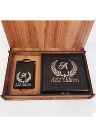 Resim Kişiye Özelahşap Kutulu Metal Çakmak & Metal Sigara Tabakası 