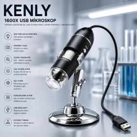 Resim Kenly 1600X USB Dijital Mikroskop, 2mp Hd, LED Aydınlatmalı, Pc & Android Uyumlu, Metal Standlı Büyüteç Kamera 
