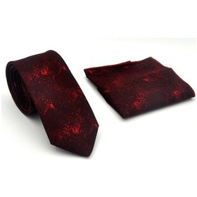 Resim Gaffy Kırmızı Desenli Bordo Dokuma Kumaş Mendilli Slim Fit Kravat // Sdk-2613-4 Bordo 