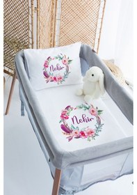 Resim Lilabio %100 Pamuk Saten İsme Özel İsimli 70x120 Park Yatak Nevresim Seti Çiçek Çemberi-pembe 