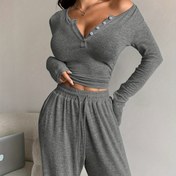 Resim Sonbahar ve Kış Pantolon Takımı, Düğmeli V Yaka Dar Kesim Kısa Tişört, Seksi Üst, Geniş Paça Flare Pantolon, Esnek Bel Yüksek Bel Uzun Pantolon İlkbahar ve Sonbahar İçin 