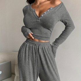 Resim Sonbahar ve Kış Pantolon Takımı, Düğmeli V Yaka Dar Kesim Kısa Tişört, Seksi Üst, Geniş Paça Flare Pantolon, Esnek Bel Yüksek Bel Uzun Pantolon İlkbahar ve Sonbahar İçin 