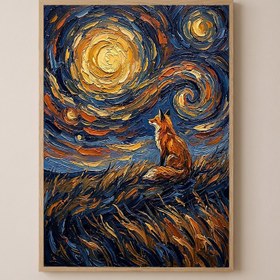 Resim Lone Fox Starry Night Print - Van Gogh-Style Wildlife Hillside Wall Art - Wooden Frame - Natural / 12 x 16" (30x40 cm) 