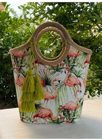 Resim Jüt Hasır Püsküllü Flamingo Plaj Çantası Yeşil 