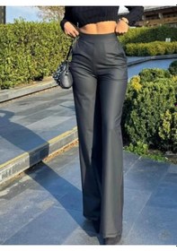 Resim Kadın Yüksek Bel Cepli Şardonlu Geniş Paçalı Mat Deri Pantolon Siyah 
