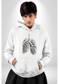 Resim Porselen Akciğer Çiçekler Açmış Kadın Erkek Beyaz Kapüşonlu Sweatshirt Hoodie Beyaz 