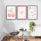 Resim 3'lü Set Trend Pembe Fiyonk Duvar Sanatı Posteri - Yüksek Kaliteli Çerçevesiz Tuval Baskı Yurt Odası Dekoru için, Kolej Dairesi, Sulu Boya Kelebek Düğüm Tasarımı, Modaya Uygun Duvar Süslemesi 