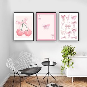 Resim 3'lü Set Trend Pembe Fiyonk Duvar Sanatı Posteri - Yüksek Kaliteli Çerçevesiz Tuval Baskı Yurt Odası Dekoru için, Kolej Dairesi, Sulu Boya Kelebek Düğüm Tasarımı, Modaya Uygun Duvar Süslemesi 