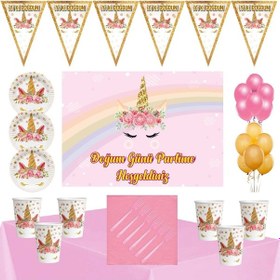 Resim Unicorn Çiçekli Tema 16 Kişilik 70X100 Cm Afişli Parti Seti N11.17372 